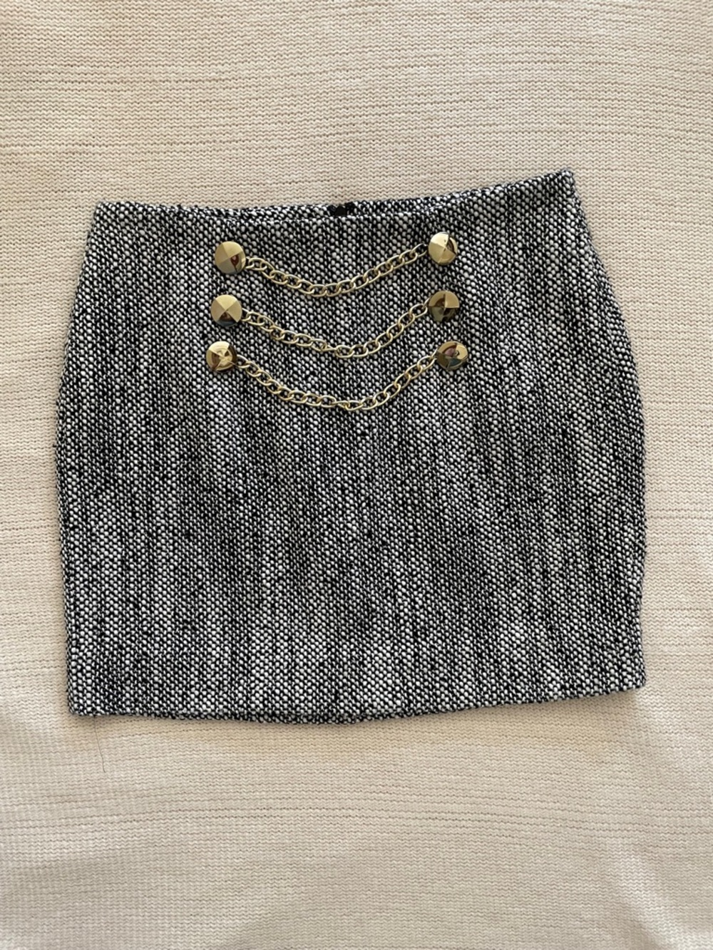 BCBGeneration Black and White Tweed Mini Skirt with Gold Chain Accents
